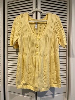 L.A. Blues Sunshine Yellow Open-Knit Button Cardigan, short sleeve & flattering!